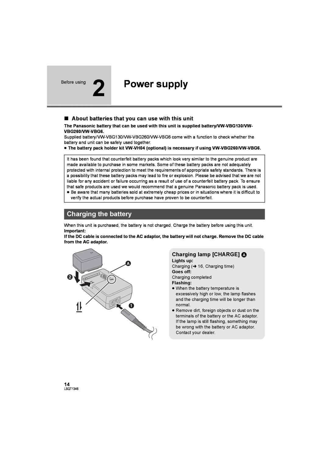Panasonic SDR-H50 Power supply, Charging the battery, ∫ About batteries that you can use with this unit, Lights up 