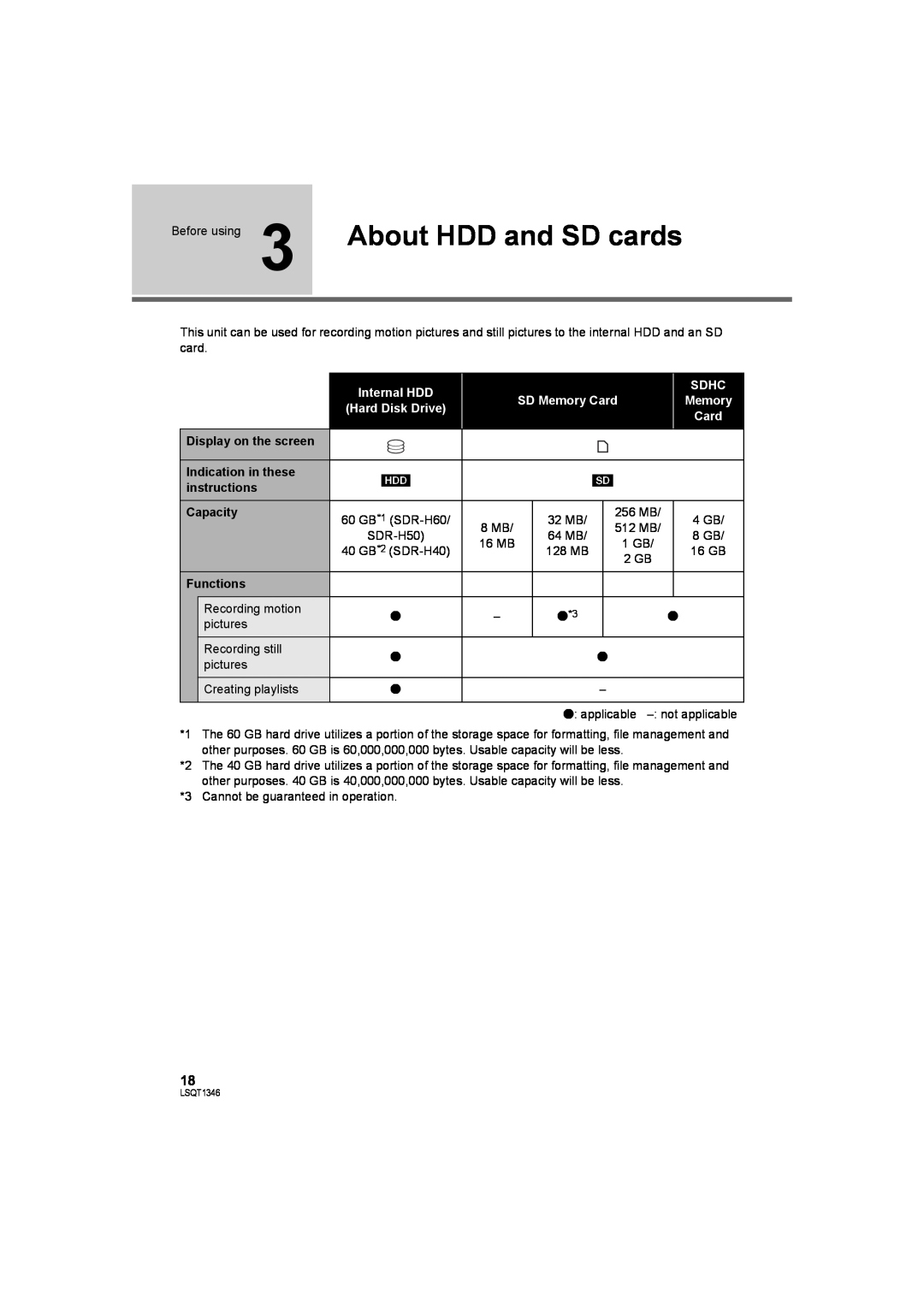 Panasonic SDR-H50 Before using 3 About HDD and SD cards, Internal HDD, SD Memory Card, Sdhc, Display on the screen 