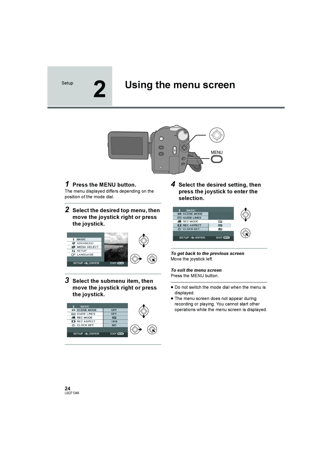 Panasonic SDR-H50 operating instructions Setup 2 Using the menu screen, Press the MENU button 