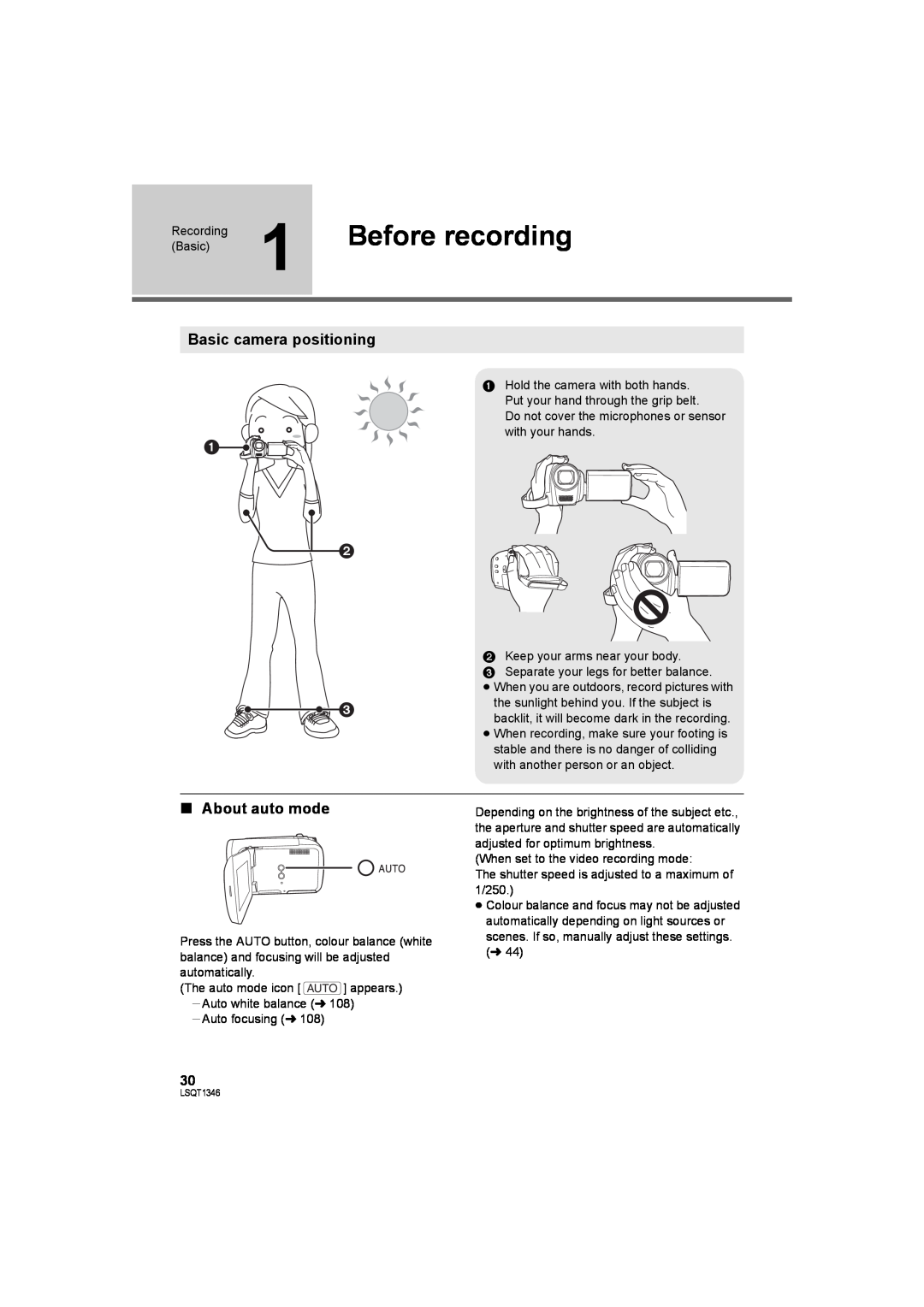 Panasonic SDR-H50 operating instructions Before recording, Basic camera positioning, ∫ About auto mode 