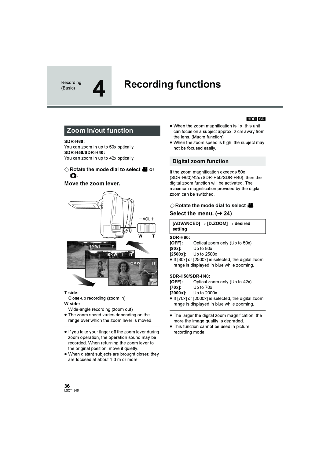 Panasonic SDR-H50 Recording functions, Zoom in/out function, Move the zoom lever, Digital zoom function, SDR-H60, T side 