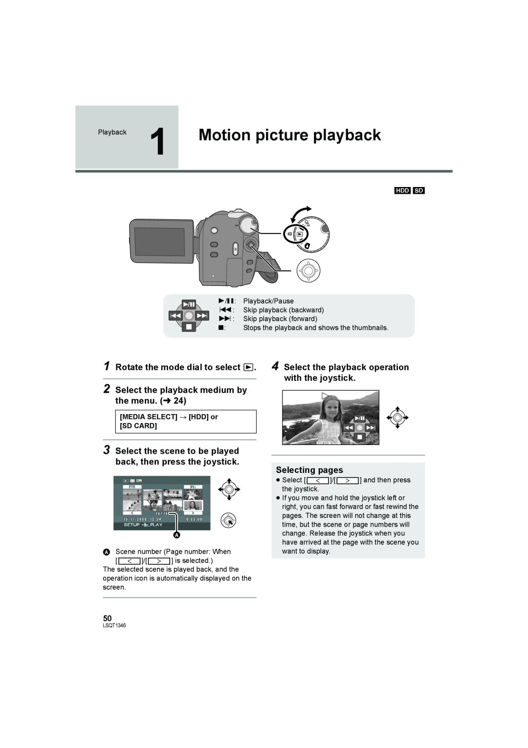 Panasonic SDR-H50 Motion picture playback, Rotate the mode dial to select, Select the playback medium by the menu. l24 