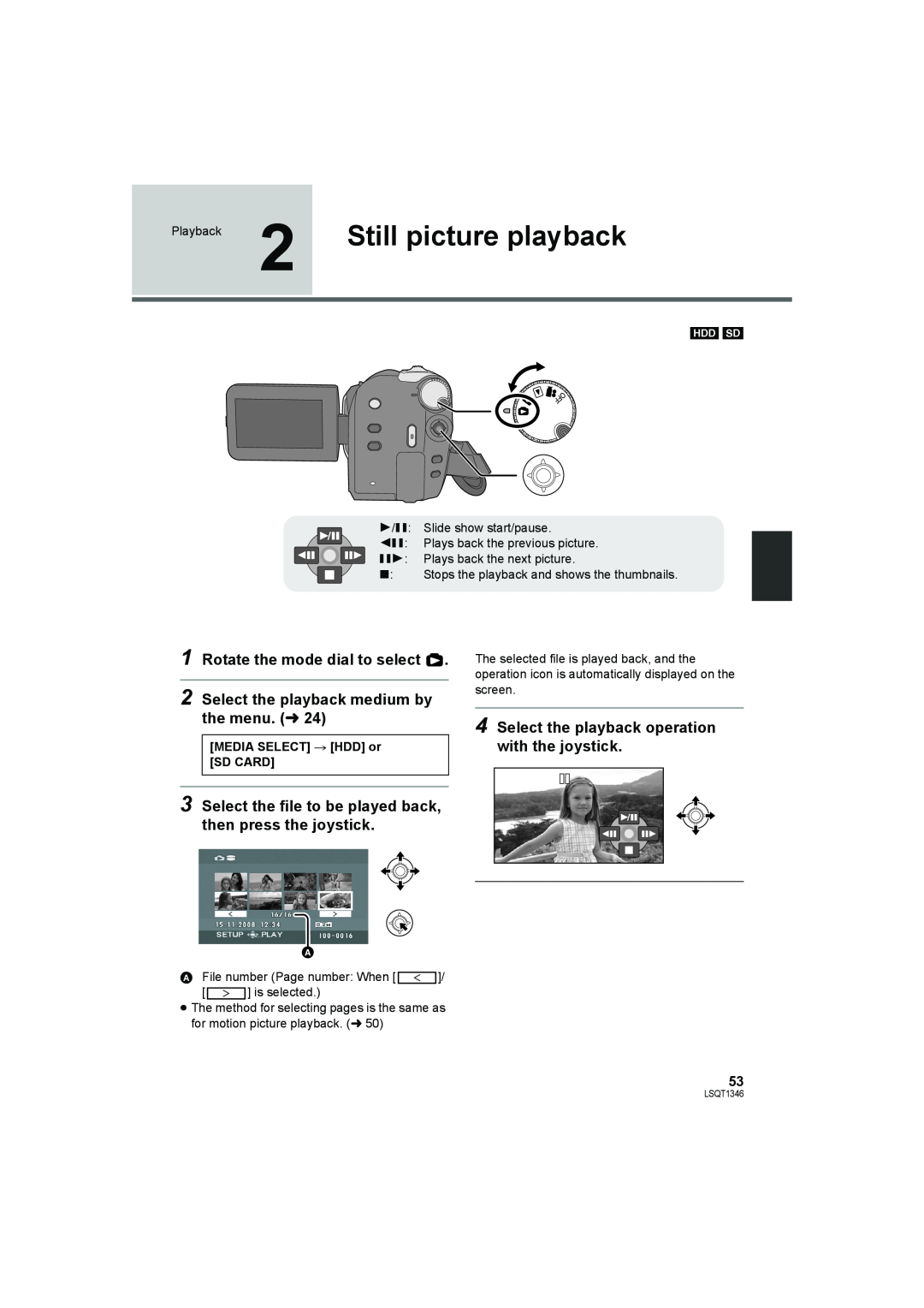 Panasonic SDR-H50 operating instructions Still picture playback, Select the file to be played back, then press the joystick 