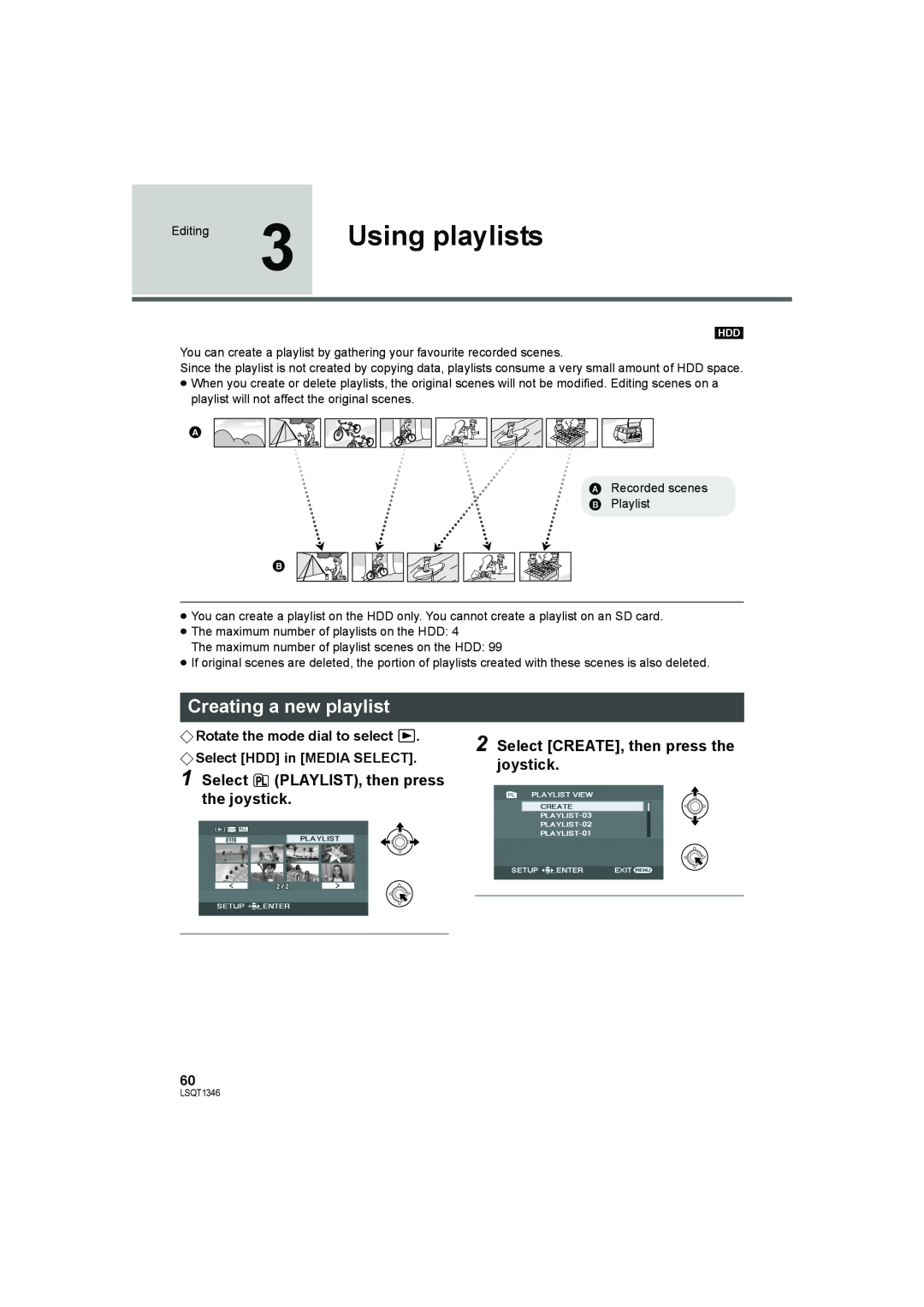 Panasonic SDR-H50 operating instructions Using playlists, Creating a new playlist, Select CREATE, then press the joystick 