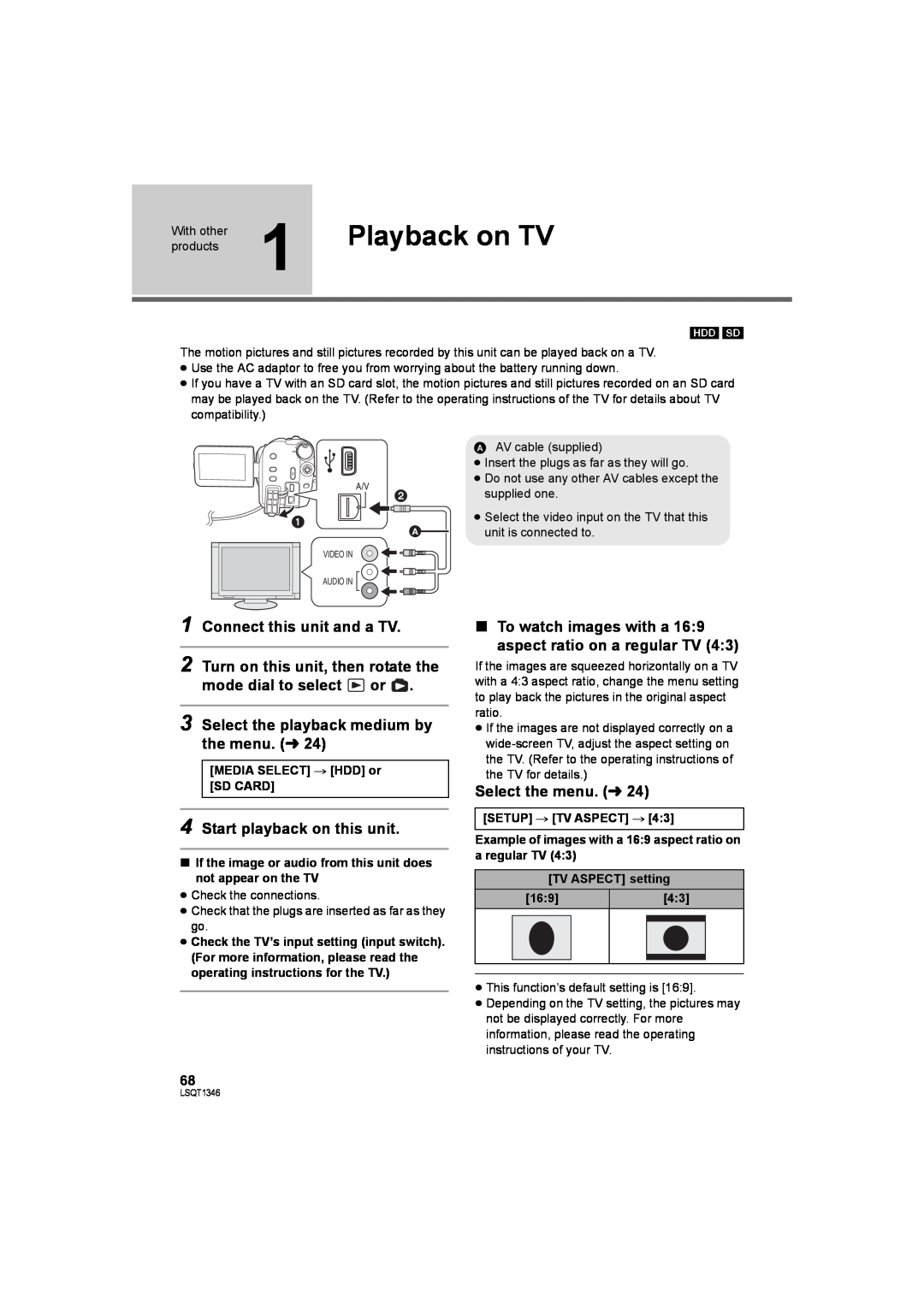 Panasonic SDR-H50 Playback on TV, Connect this unit and a TV, Turn on this unit, then rotate the mode dial to select or 