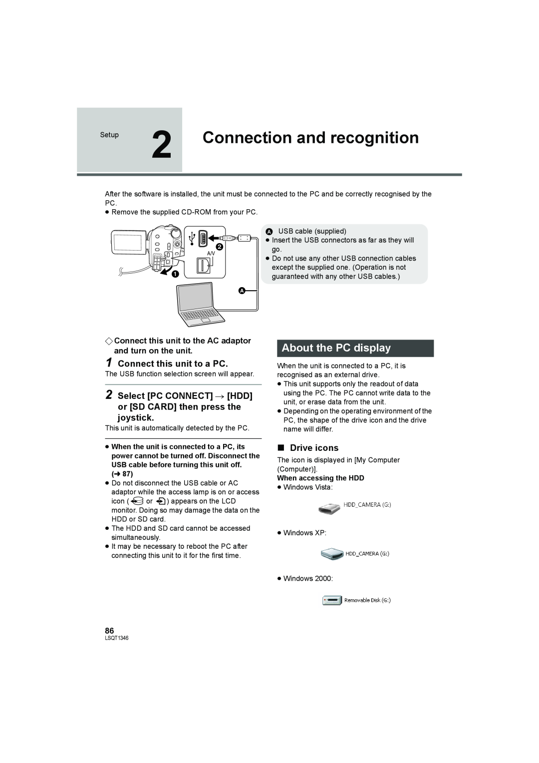 Panasonic SDR-H50 Connection and recognition, About the PC display, Connect this unit to a PC, ∫ Drive icons 