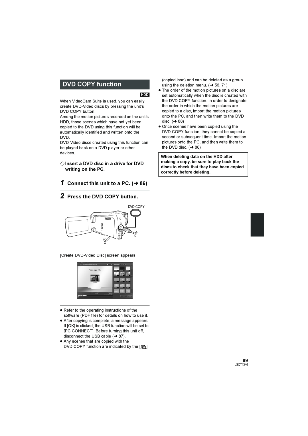 Panasonic SDR-H50 operating instructions Connect this unit to a PC. l86 2 Press the DVD COPY button, DVD COPY function 