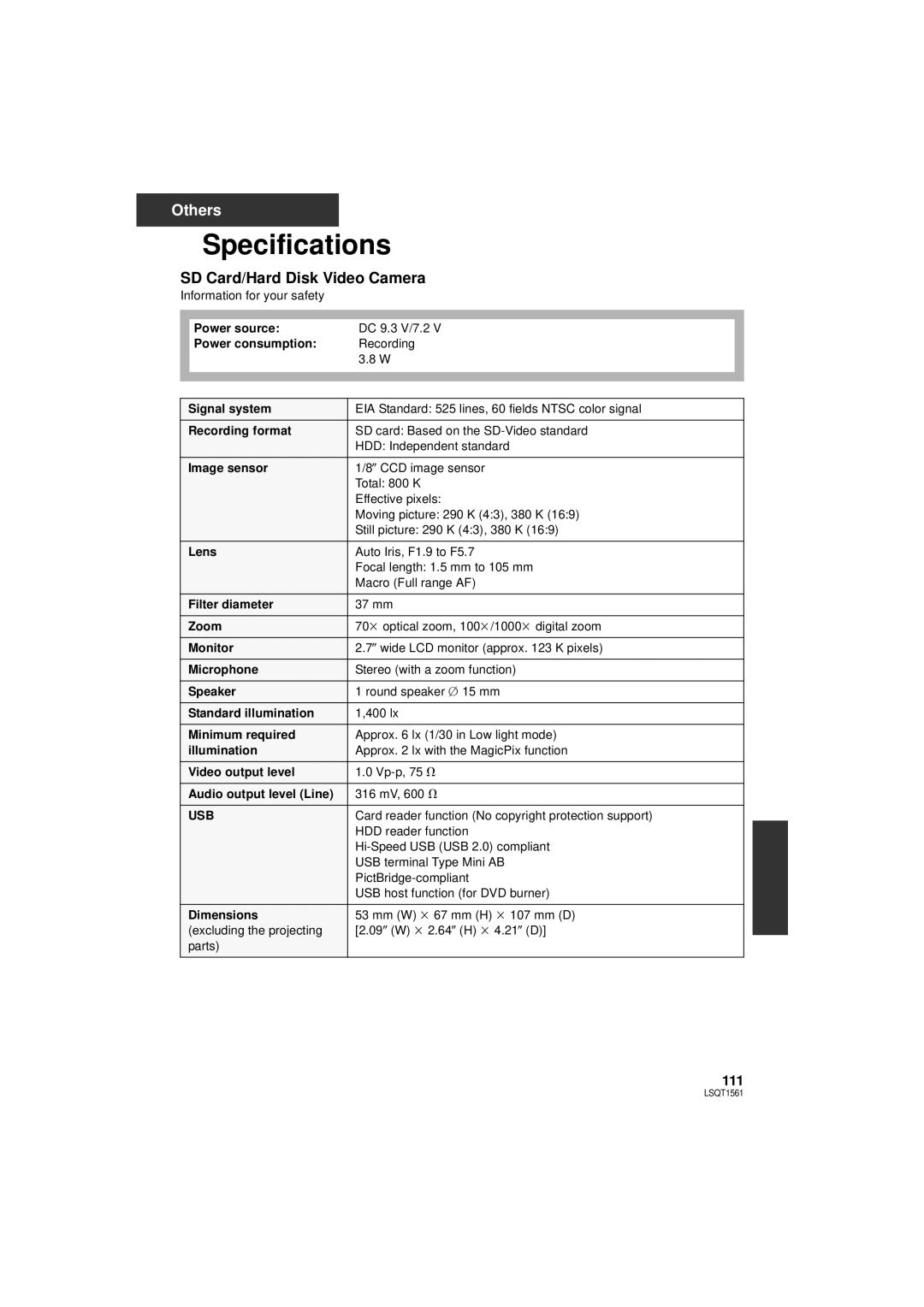 Panasonic SDR-H79P operating instructions Specifications, SD Card/Hard Disk Video Camera, Usb 