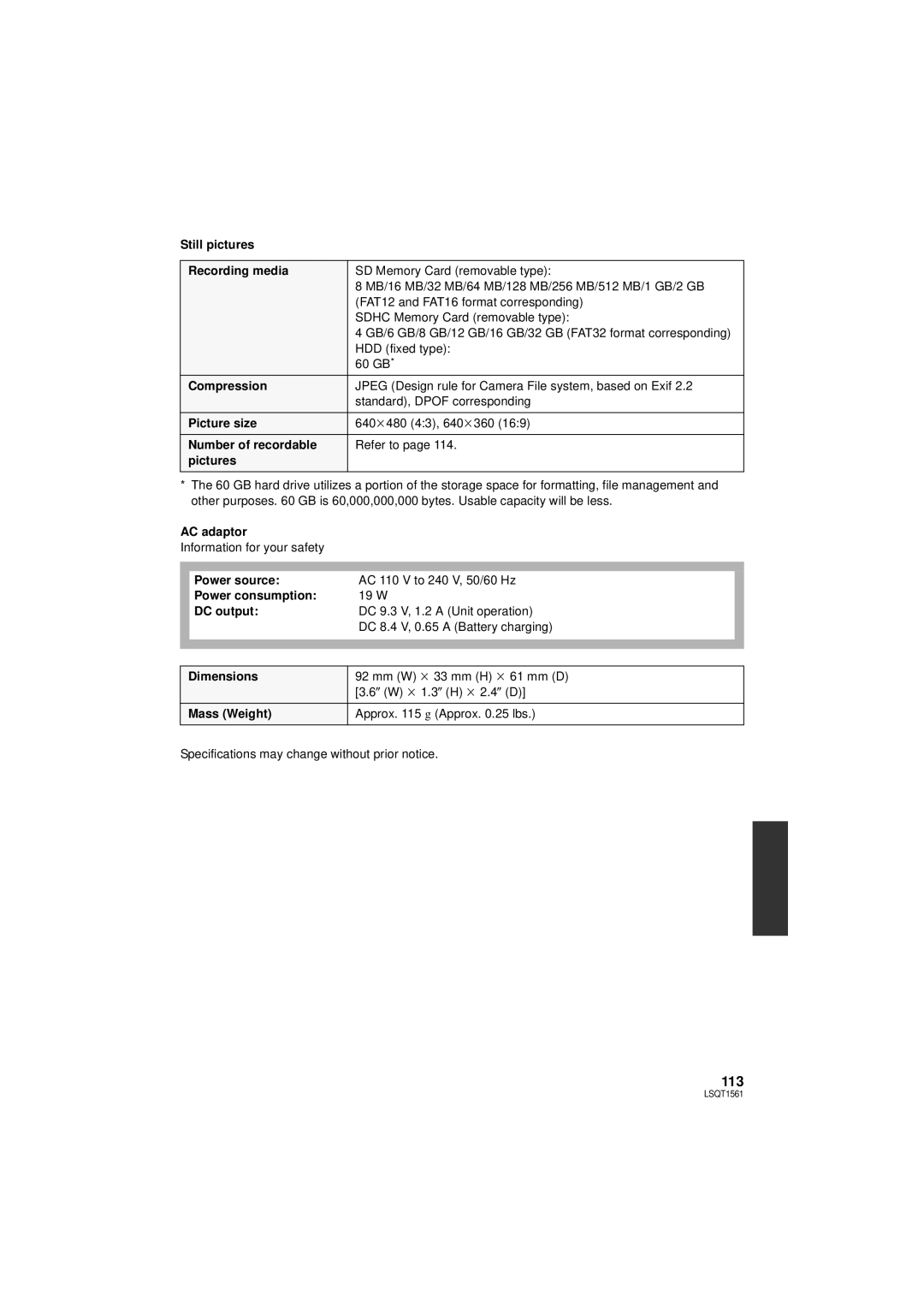 Panasonic SDR-H79P Still pictures Recording media, Picture size, Number of recordable, Pictures, AC adaptor, DC output 