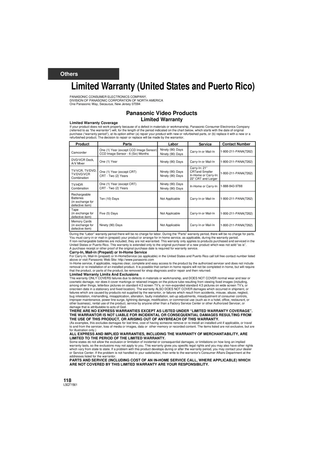 Panasonic SDR-H79P operating instructions Limited Warranty United States and Puerto Rico 