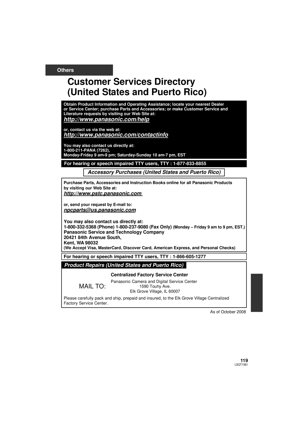 Panasonic SDR-H79P operating instructions Customer Services Directory United States and Puerto Rico 