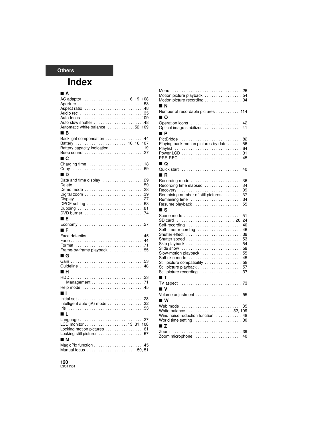 Panasonic SDR-H79P operating instructions Index, 120 