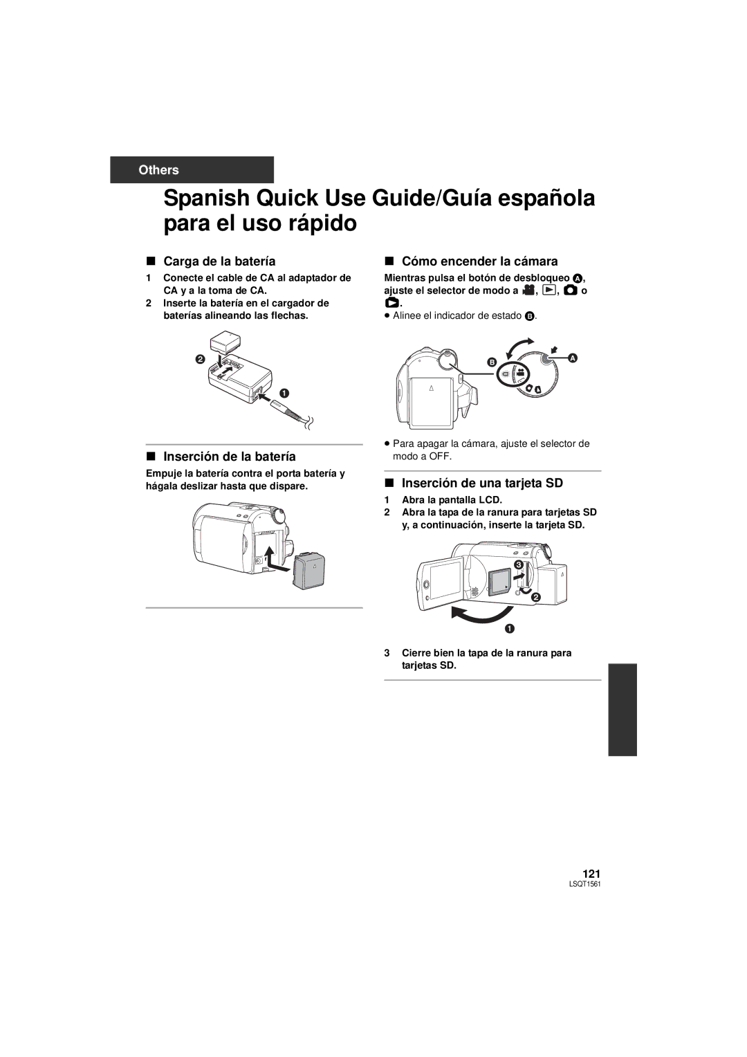 Panasonic SDR-H79P Spanish Quick Use Guide/Guía española para el uso rápido, Carga de la batería, Inserción de la batería 