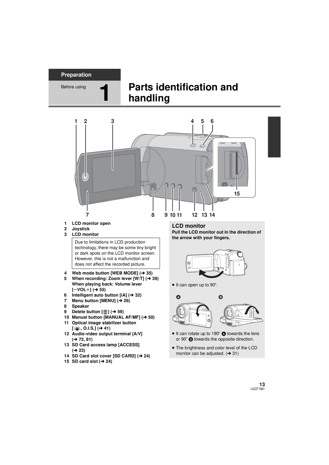 Panasonic SDR-H79P operating instructions Parts identification, Handling, LCD monitor 