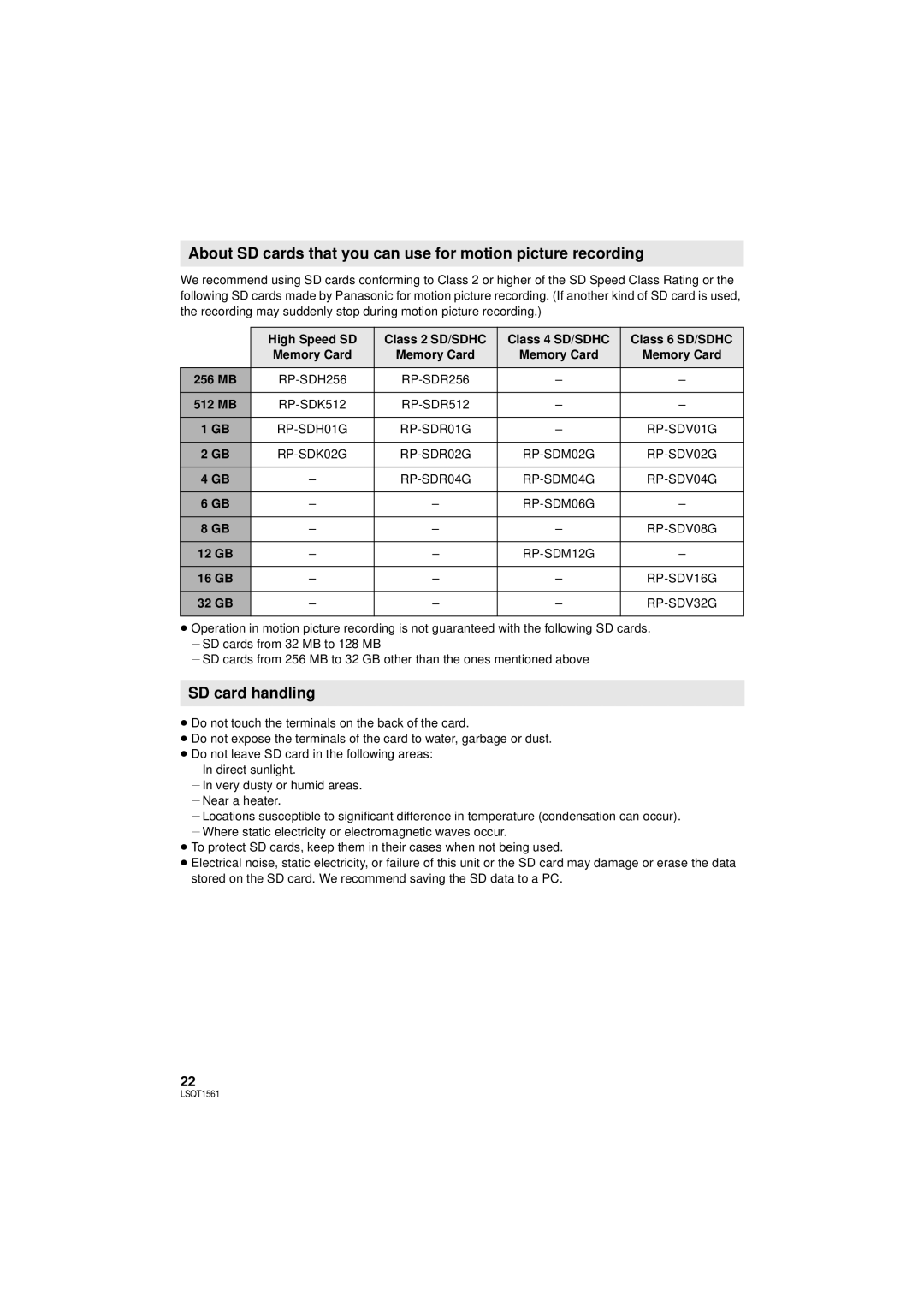 Panasonic SDR-H79P operating instructions SD card handling, 12 GB, 16 GB, 32 GB 