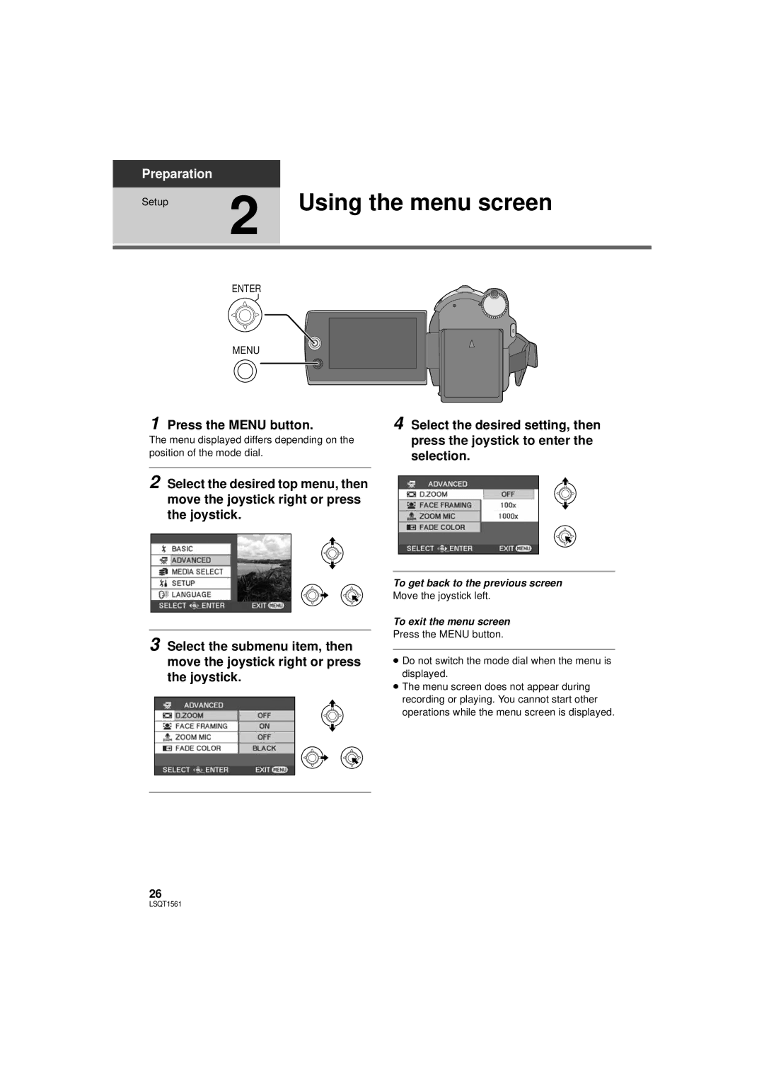 Panasonic SDR-H79P Using the menu screen, Press the Menu button, Enter Menu, To get back to the previous screen 