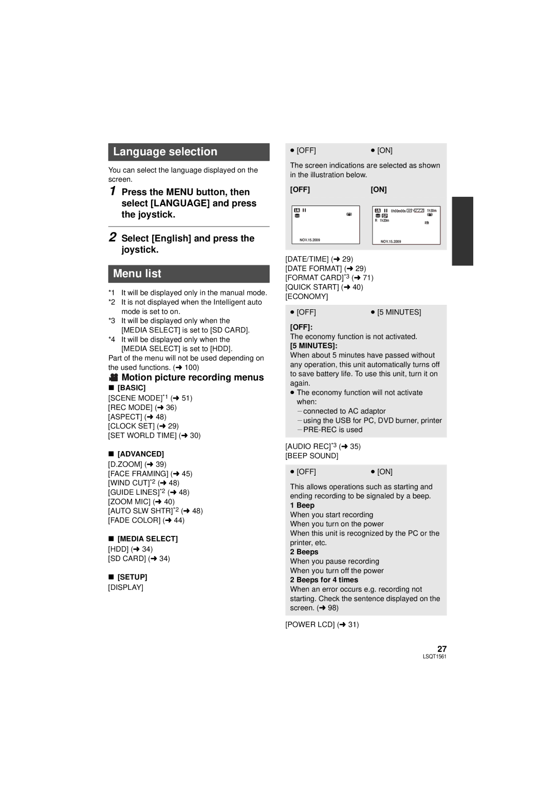 Panasonic SDR-H79P operating instructions Language selection, Menu list, Motion picture recording menus 