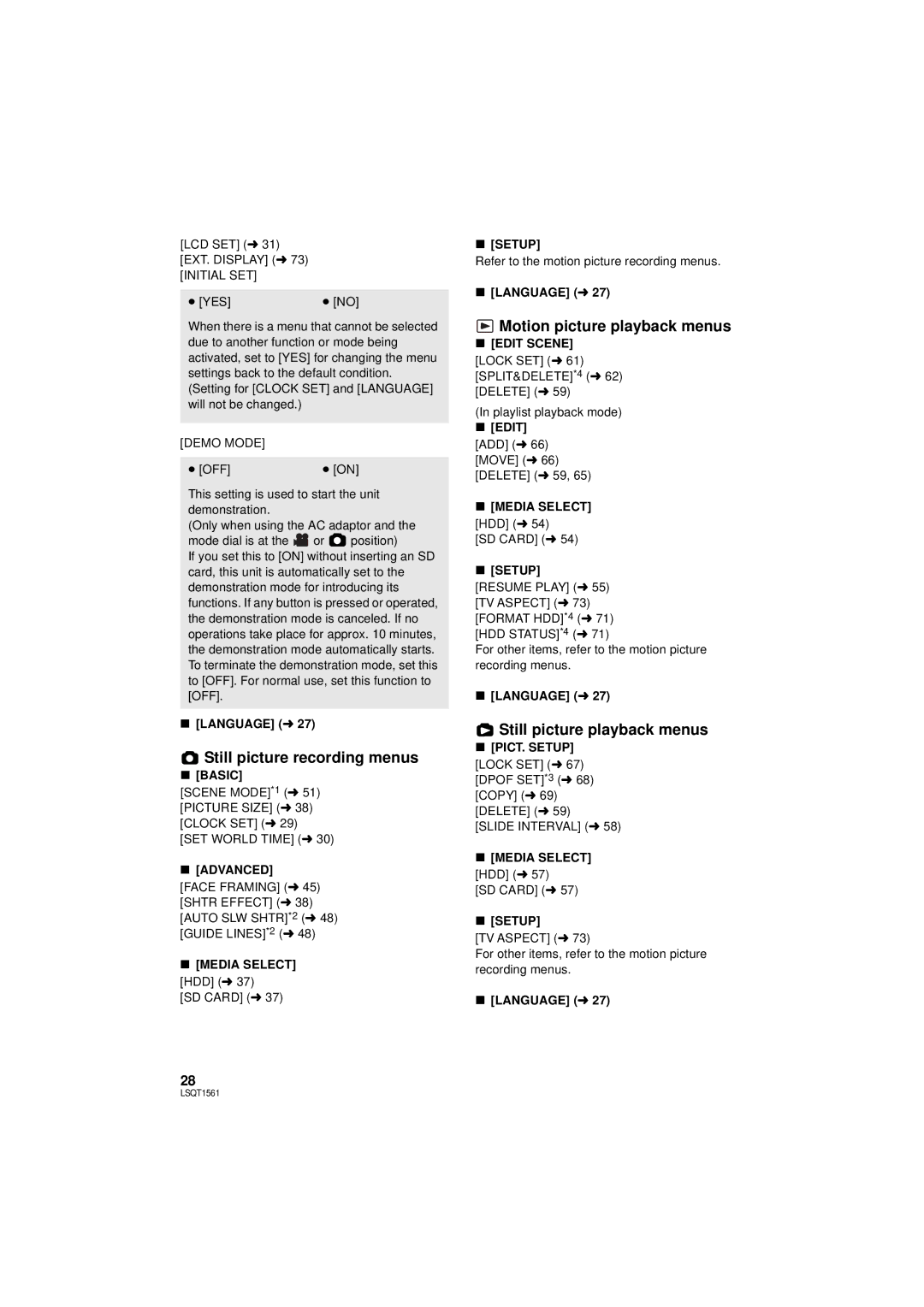 Panasonic SDR-H79P Still picture recording menus, Motion picture playback menus, Still picture playback menus 