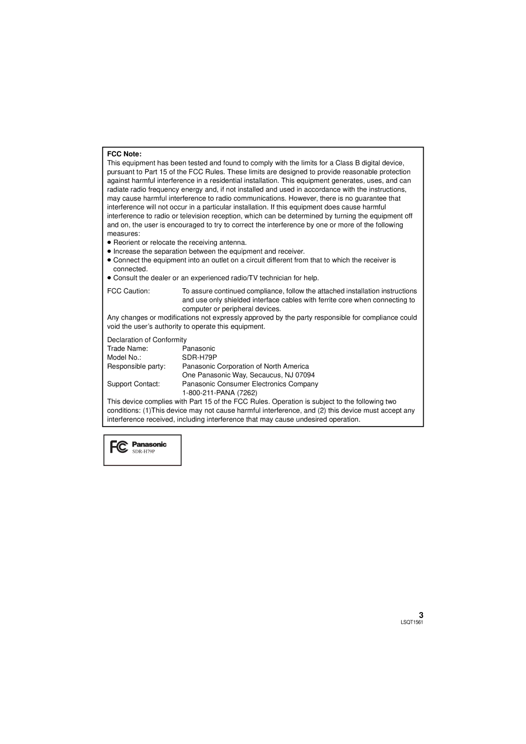 Panasonic SDR-H79P operating instructions FCC Note 