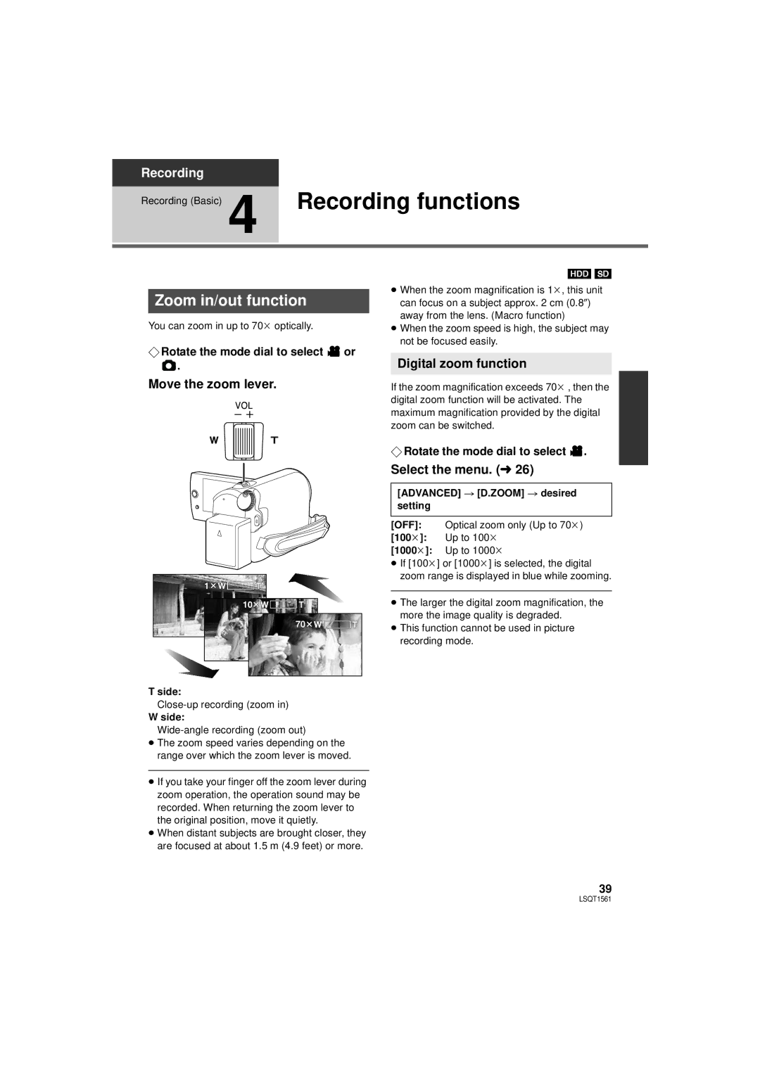 Panasonic SDR-H79P Recording functions, Zoom in/out function, Move the zoom lever, Digital zoom function 