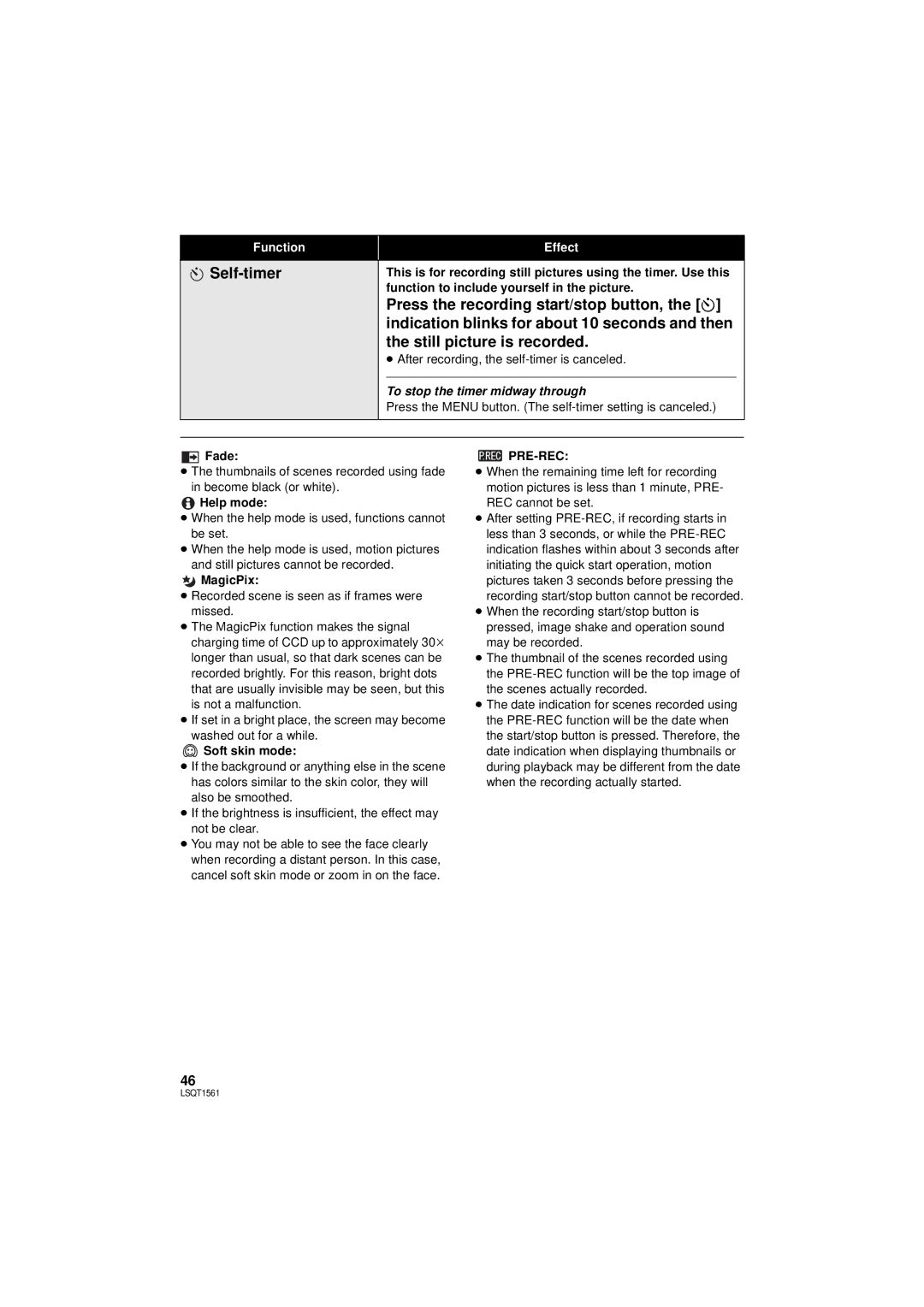 Panasonic SDR-H79P operating instructions Self-timer, To stop the timer midway through, Pre-Rec 