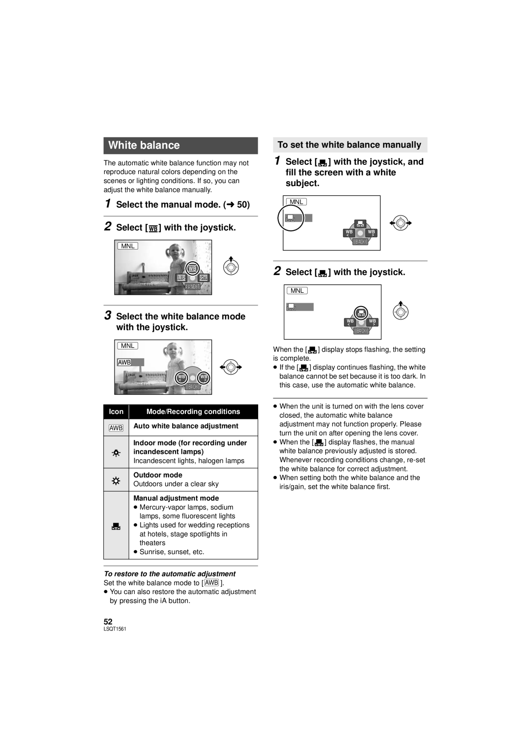 Panasonic SDR-H79P White balance, Select the manual mode. l Select with the joystick, Auto white balance adjustment 