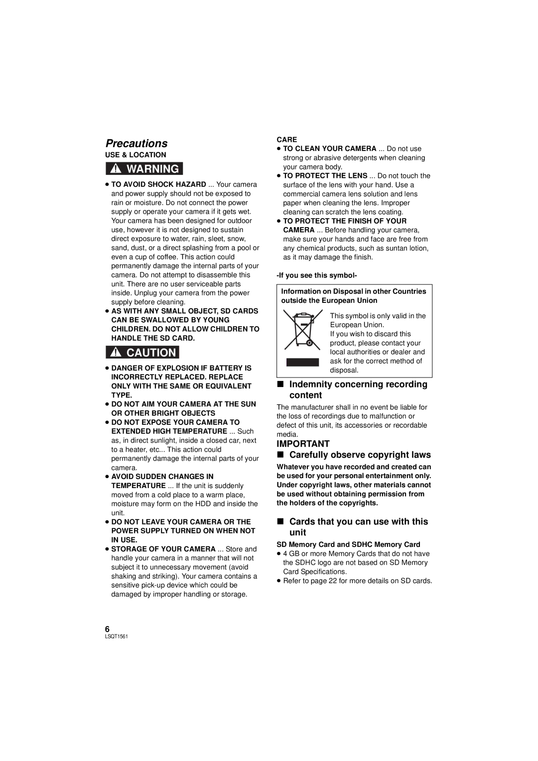 Panasonic SDR-H79P Indemnity concerning recording content, Carefully observe copyright laws, USE & Location 