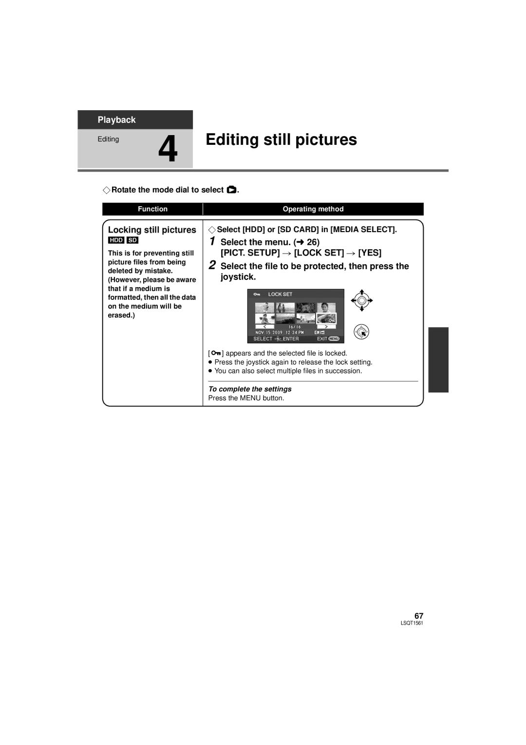 Panasonic SDR-H79P operating instructions Editing still pictures, Locking still pictures 