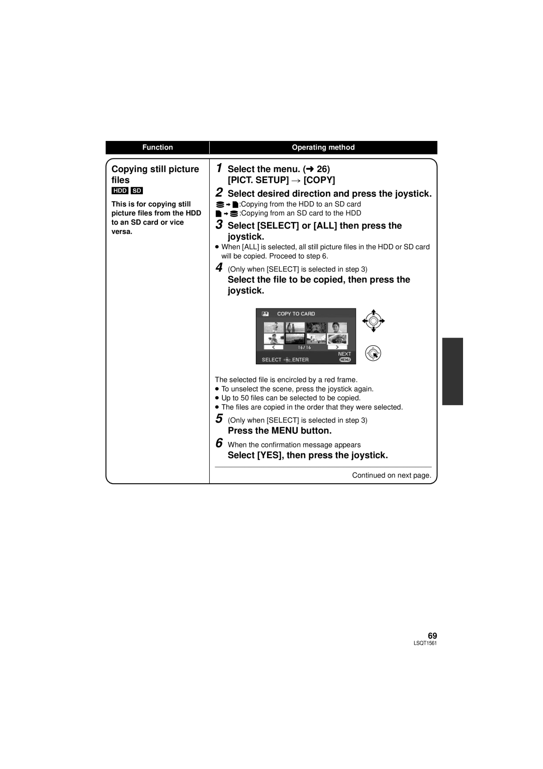 Panasonic SDR-H79P operating instructions Copying still picture files, Select Select or ALL then press the joystick 