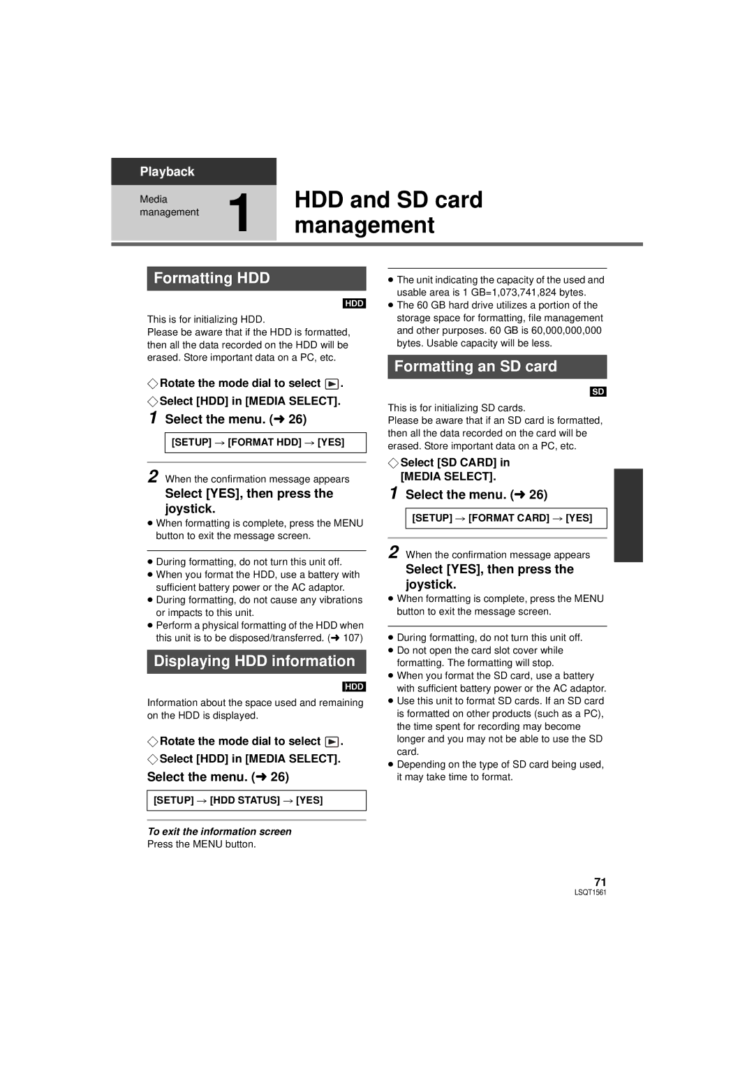 Panasonic SDR-H79P HDD and SD card, Management, Formatting HDD, Formatting an SD card, Displaying HDD information 