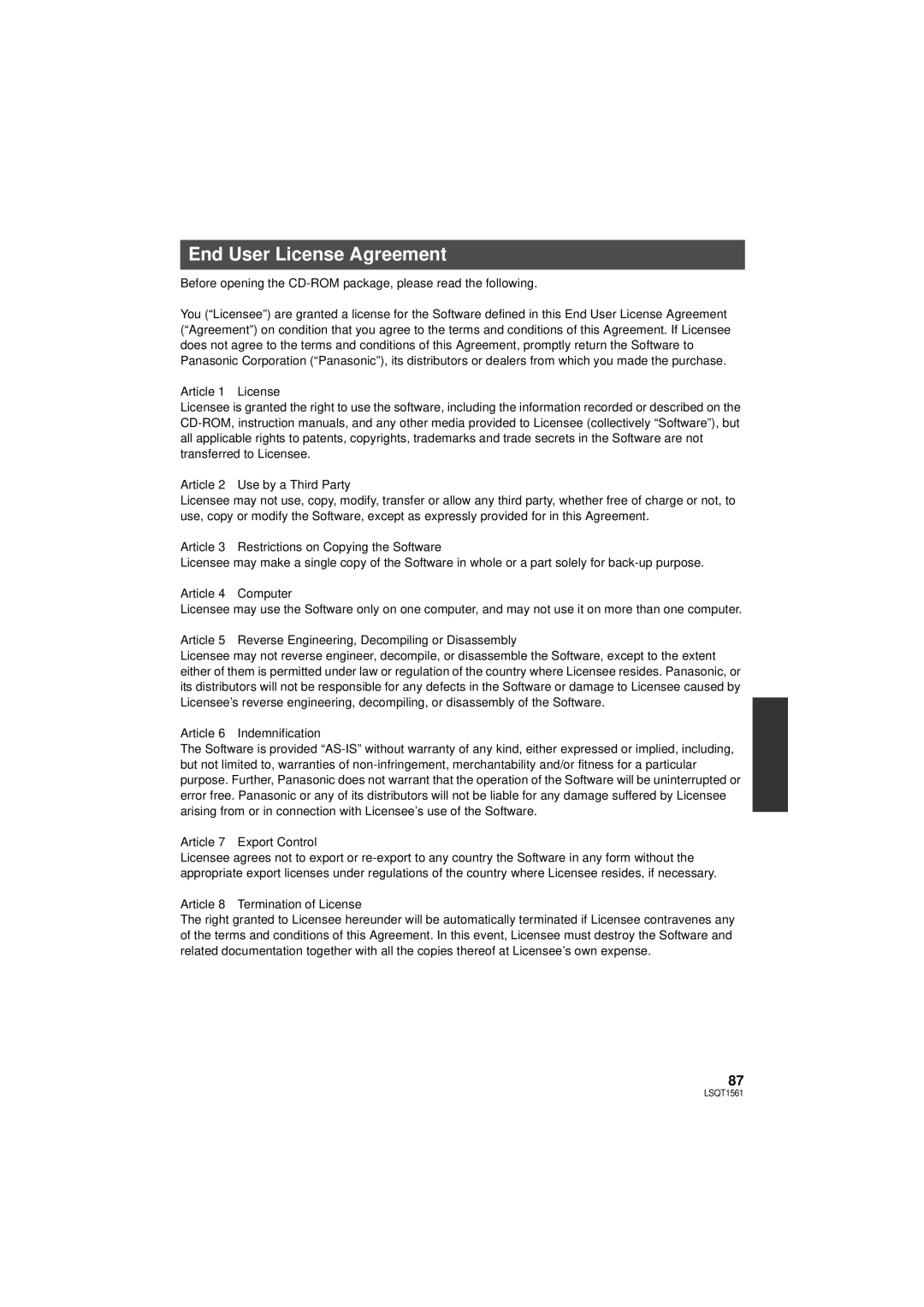 Panasonic SDR-H79P operating instructions End User License Agreement, Article 8 Termination of License 