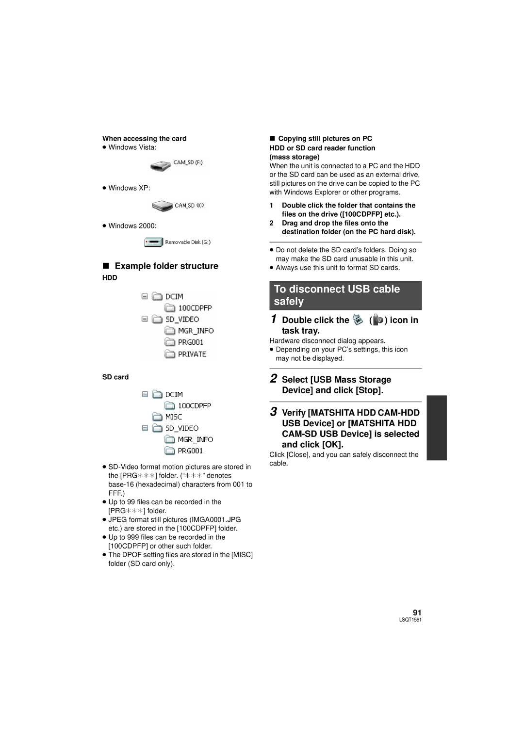 Panasonic SDR-H79P To disconnect USB cable safely, Example folder structure, Double click the icon in task tray 