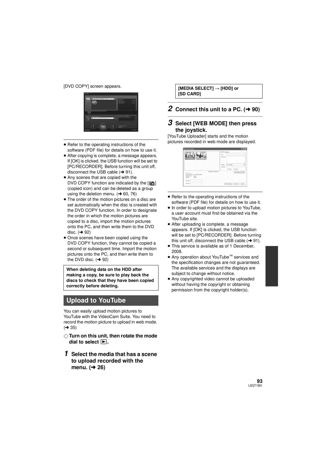 Panasonic SDR-H79P operating instructions Upload to YouTube, Media Select # HDD or SD Card 