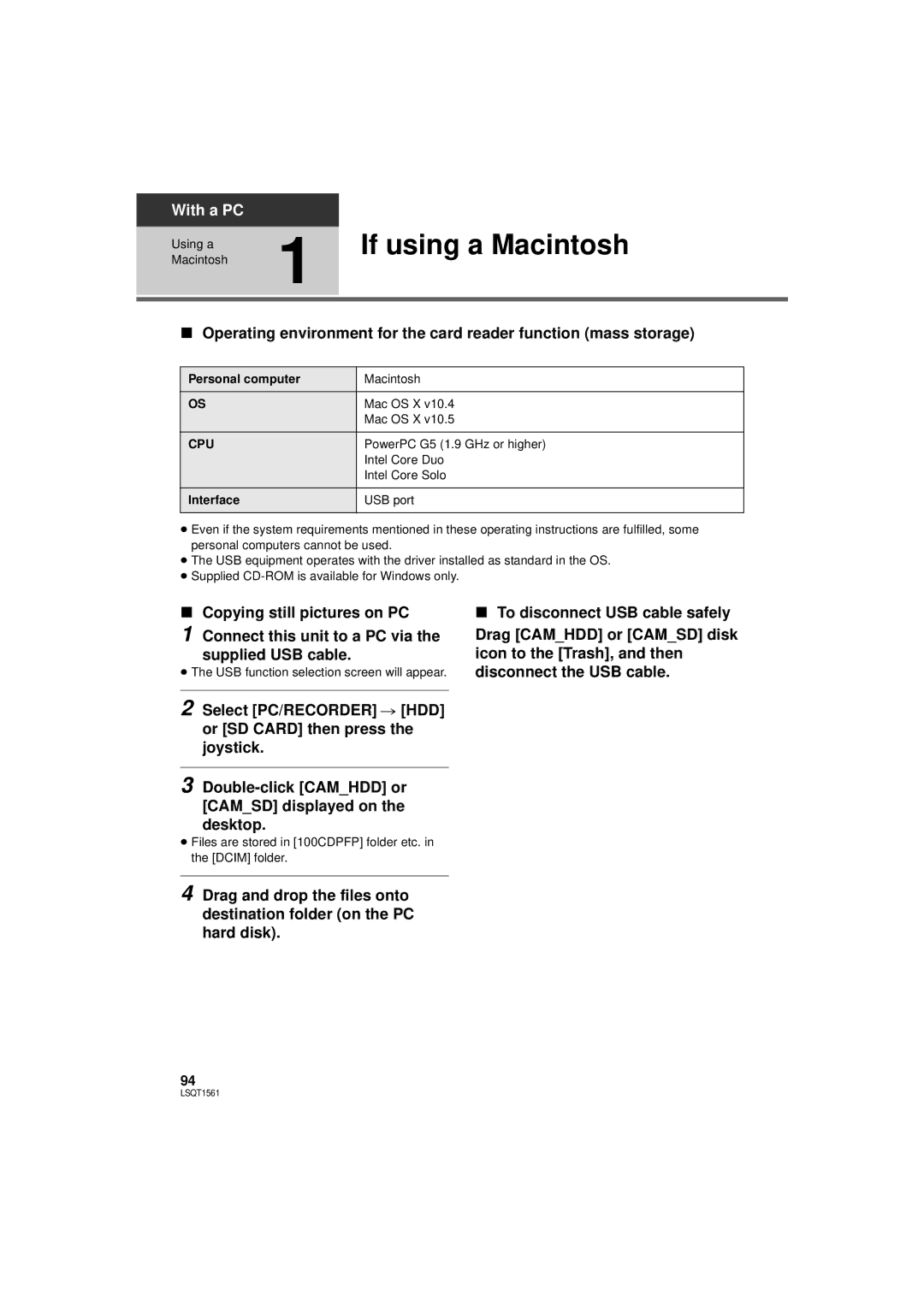 Panasonic SDR-H79P operating instructions If using a Macintosh, Personal computer 