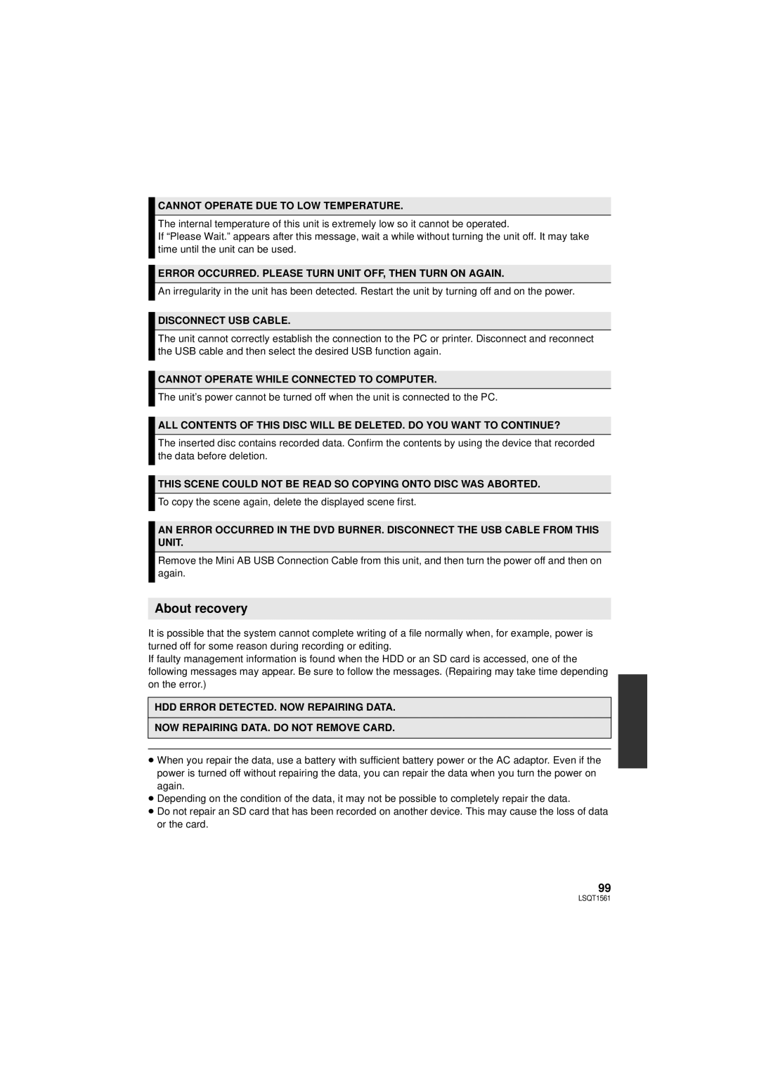 Panasonic SDR-H79P operating instructions About recovery, Cannot Operate DUE to LOW Temperature, Disconnect USB Cable 