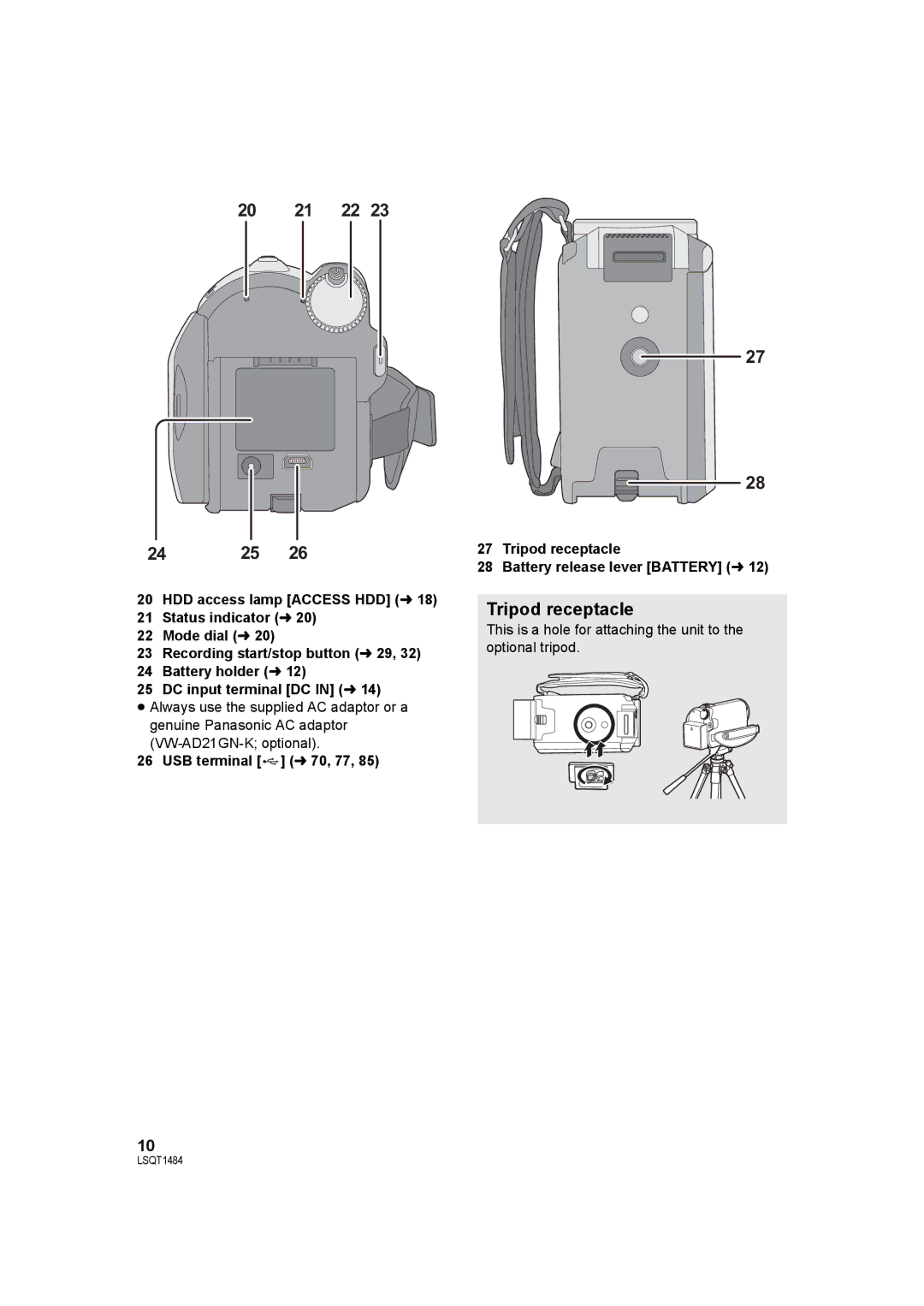 Panasonic SDR-H80 operating instructions USB terminal l 70, 77, Tripod receptacle Battery release lever Battery l 