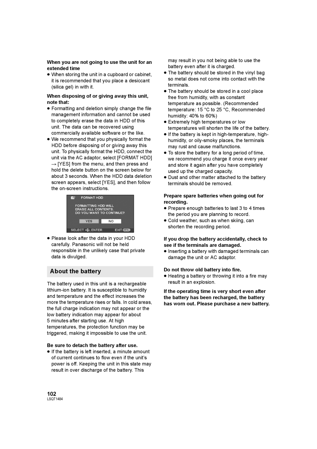 Panasonic SDR-H80 operating instructions About the battery 