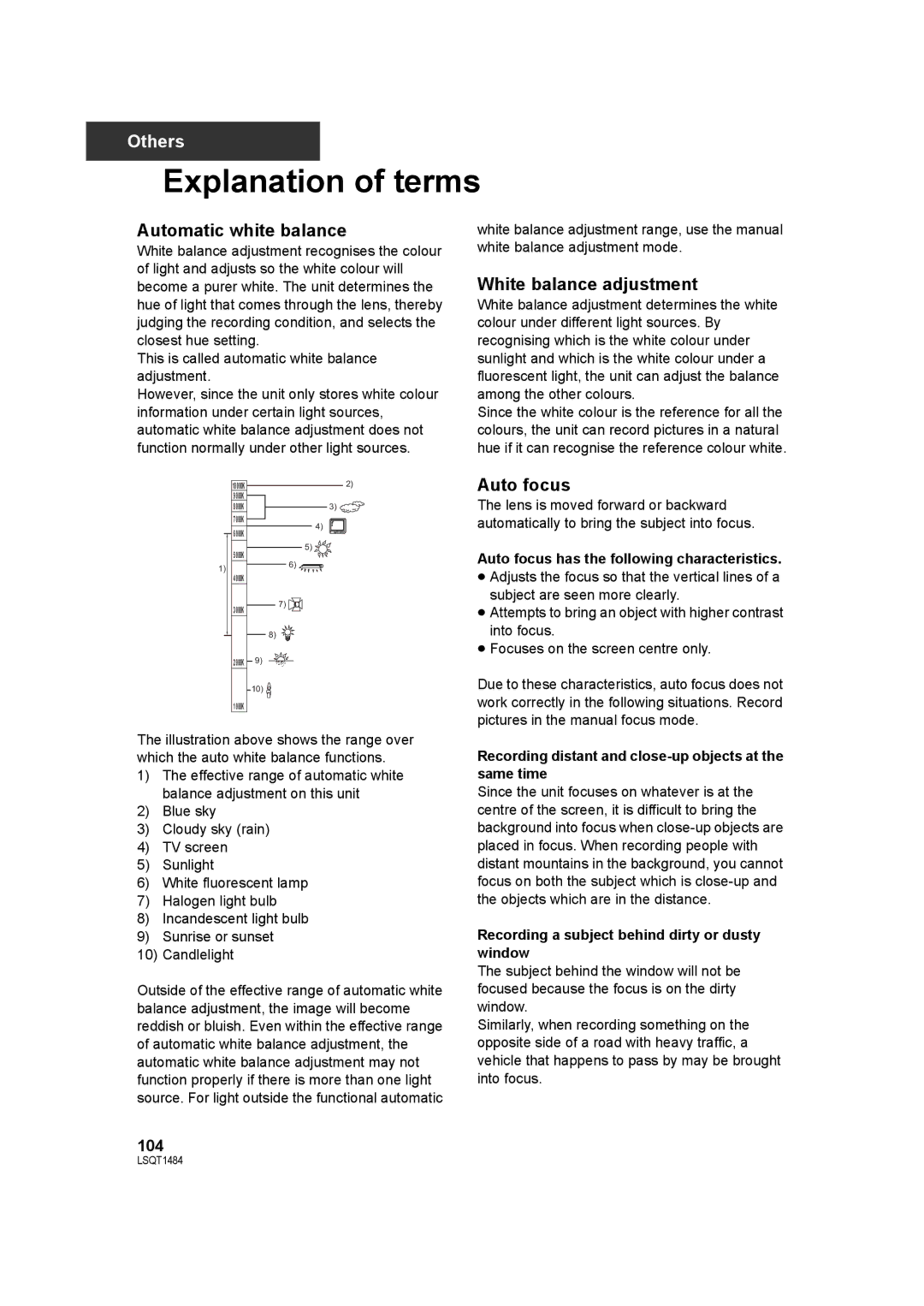 Panasonic SDR-H80 Explanation of terms, Automatic white balance, White balance adjustment, Auto focus 