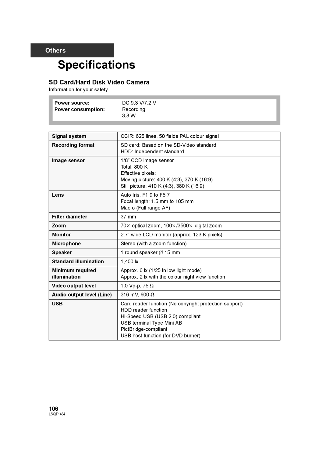 Panasonic SDR-H80 operating instructions Specifications, SD Card/Hard Disk Video Camera, Usb 