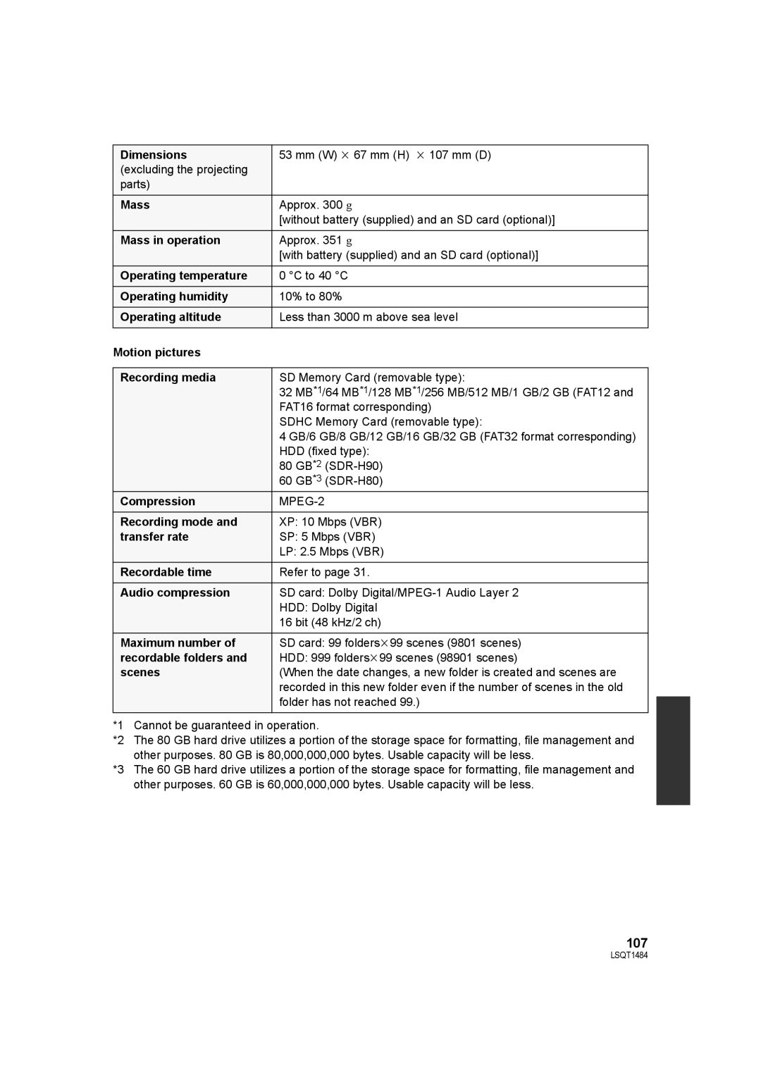 Panasonic SDR-H80 Dimensions, Mass in operation, Operating temperature, Operating humidity, Operating altitude, Scenes 