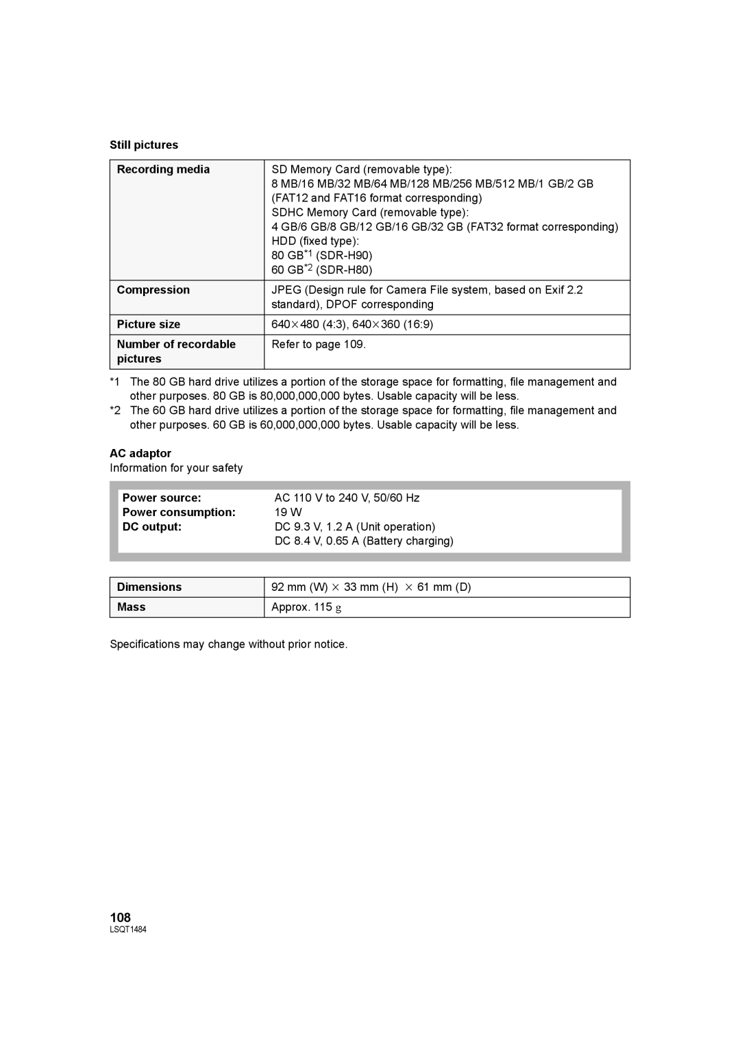 Panasonic SDR-H80 Still pictures Recording media, Picture size, Number of recordable, Pictures, DC output 