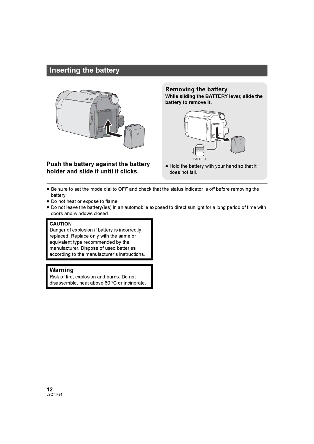 Panasonic SDR-H80 operating instructions Inserting the battery 