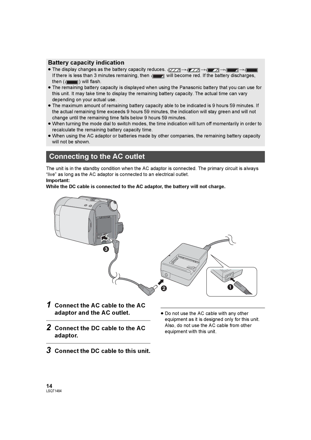 Panasonic SDR-H80 operating instructions Connecting to the AC outlet, Battery capacity indication 