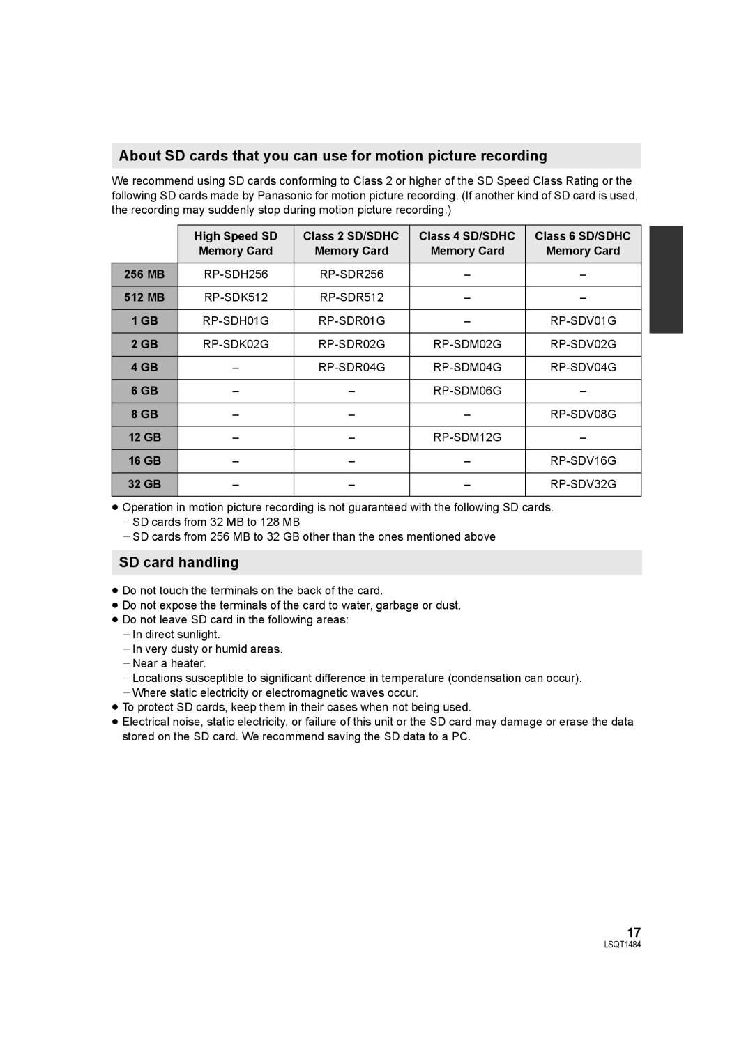 Panasonic SDR-H80 operating instructions SD card handling 