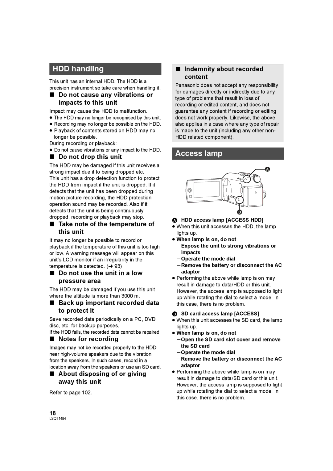 Panasonic SDR-H80 operating instructions HDD handling, Access lamp 