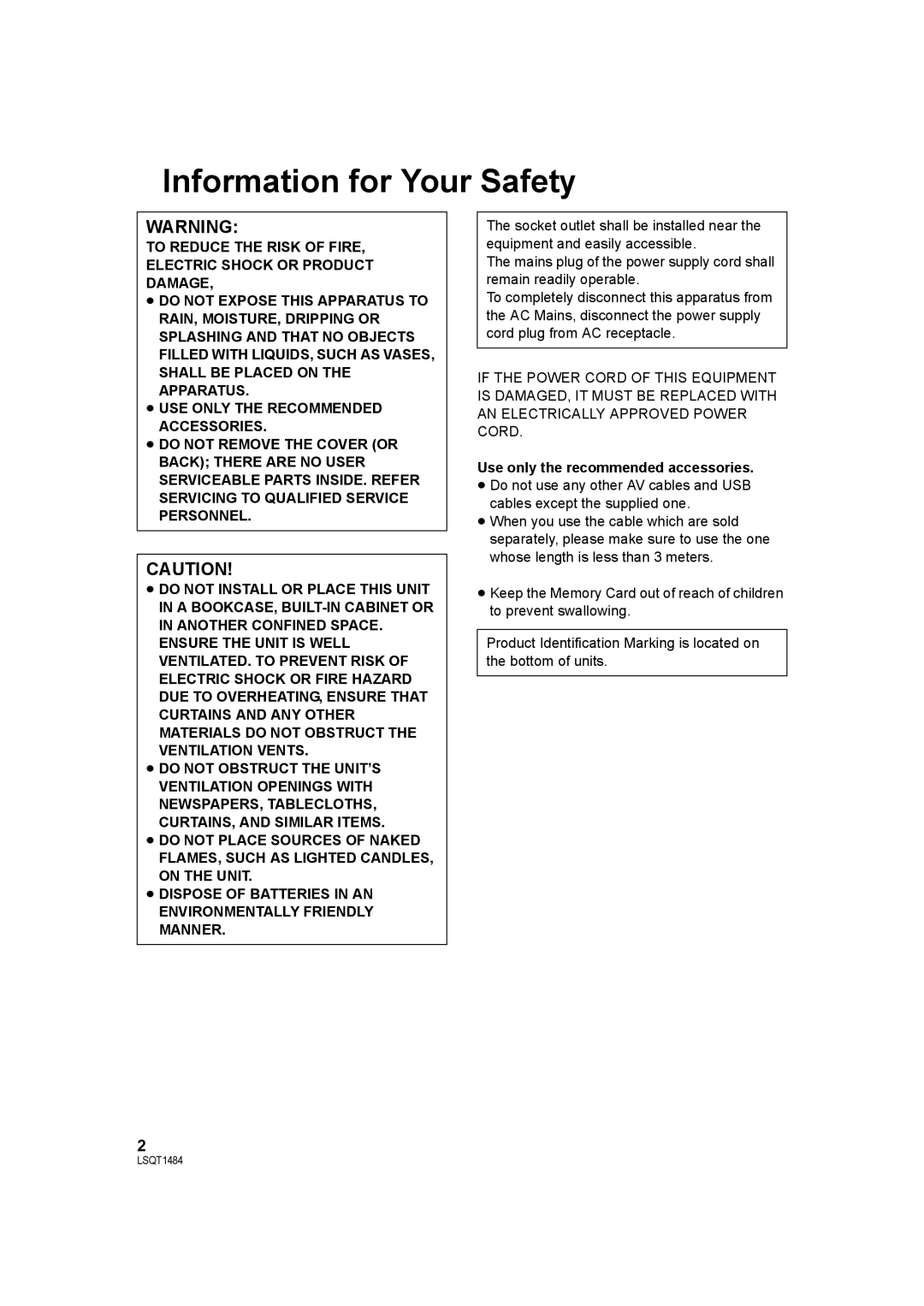 Panasonic SDR-H80 operating instructions Information for Your Safety, Use only the recommended accessories 