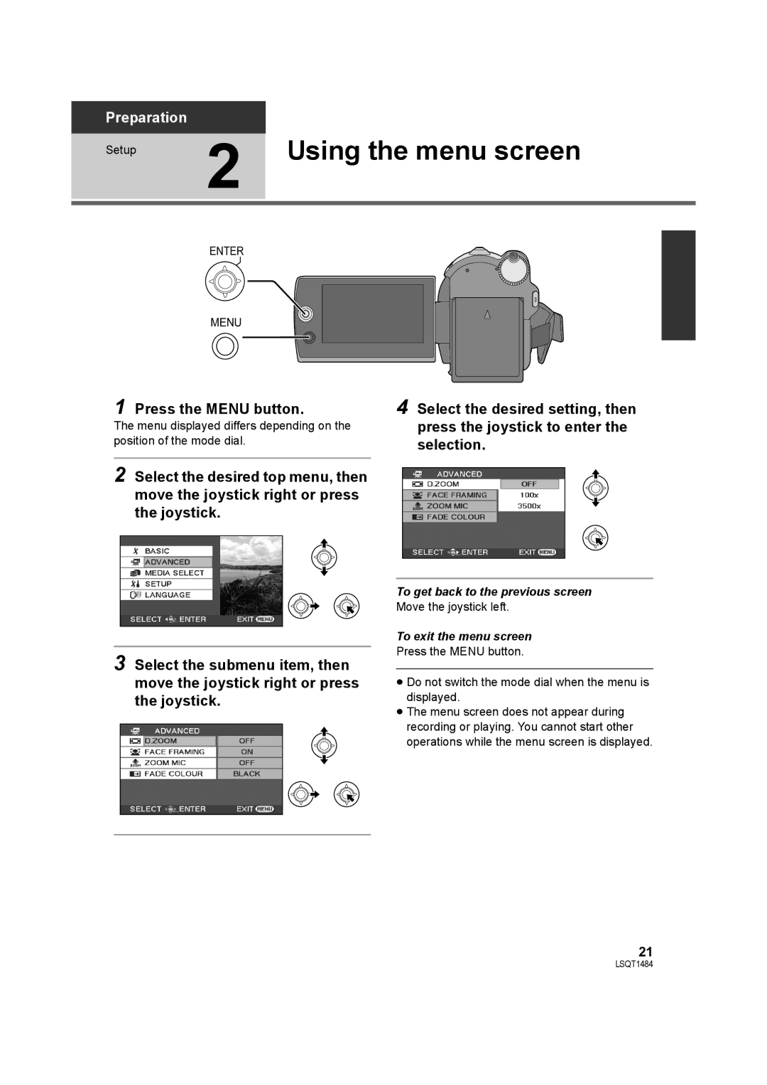 Panasonic SDR-H80 operating instructions Using the menu screen, Press the Menu button, To get back to the previous screen 