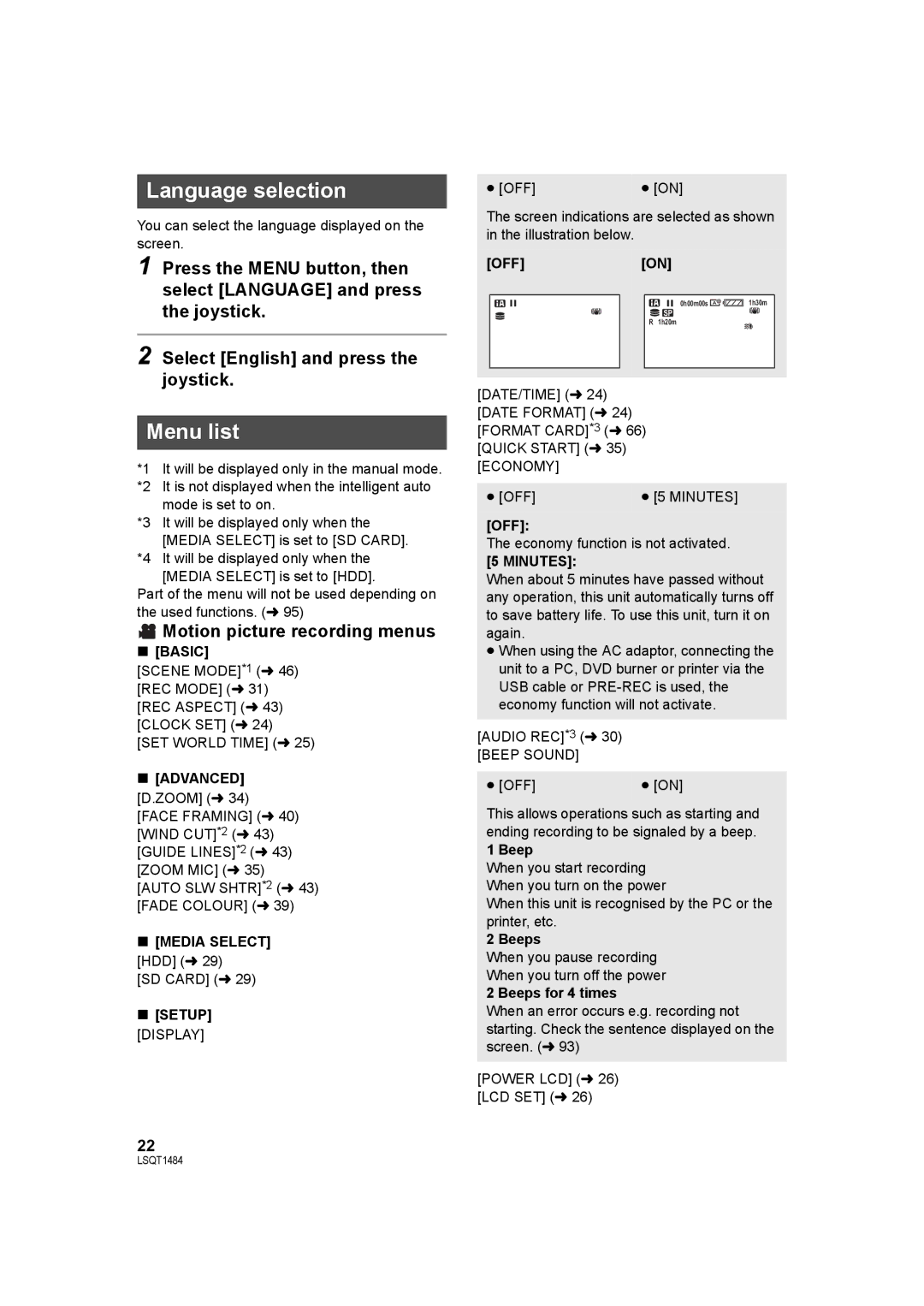 Panasonic SDR-H80 operating instructions Language selection, Menu list, Motion picture recording menus 