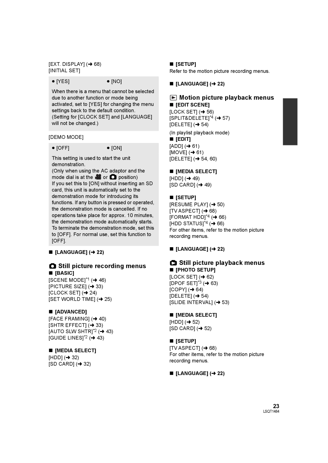 Panasonic SDR-H80 Still picture recording menus, Motion picture playback menus, Still picture playback menus 