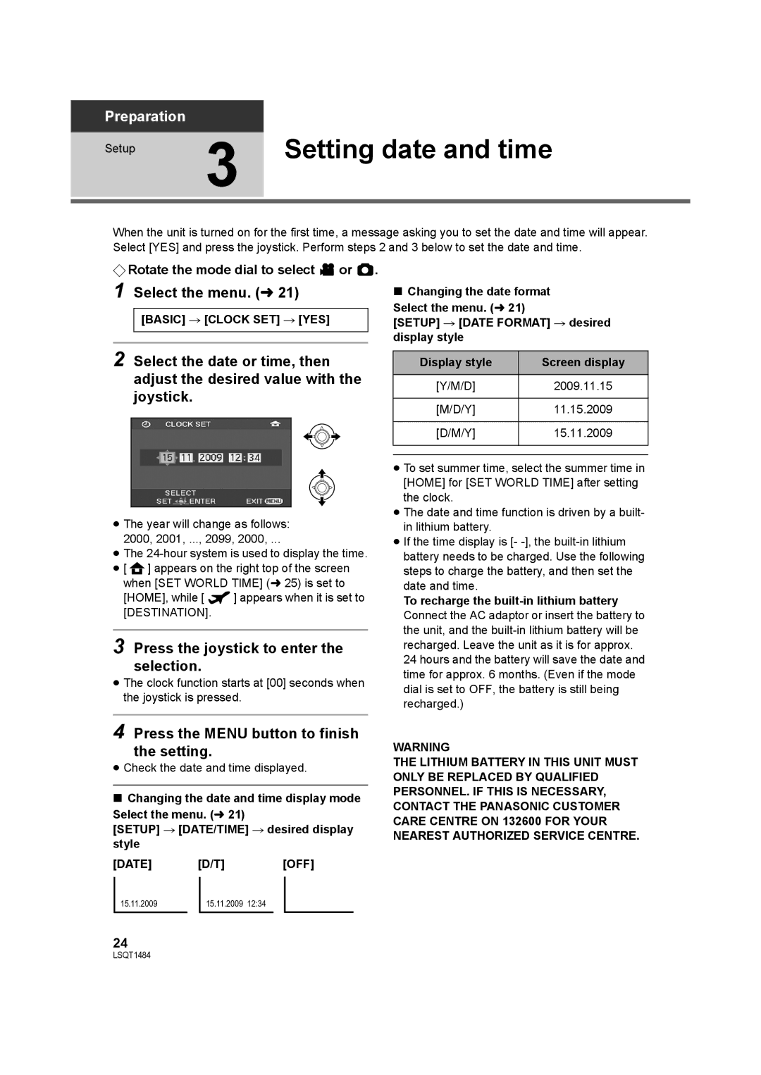 Panasonic SDR-H80 Setting date and time, Select the menu. l, Press the joystick to enter the selection 